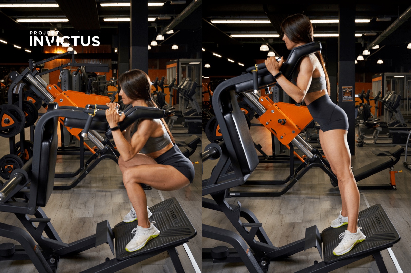 Hack squat — esecuzione corretta, vista laterale